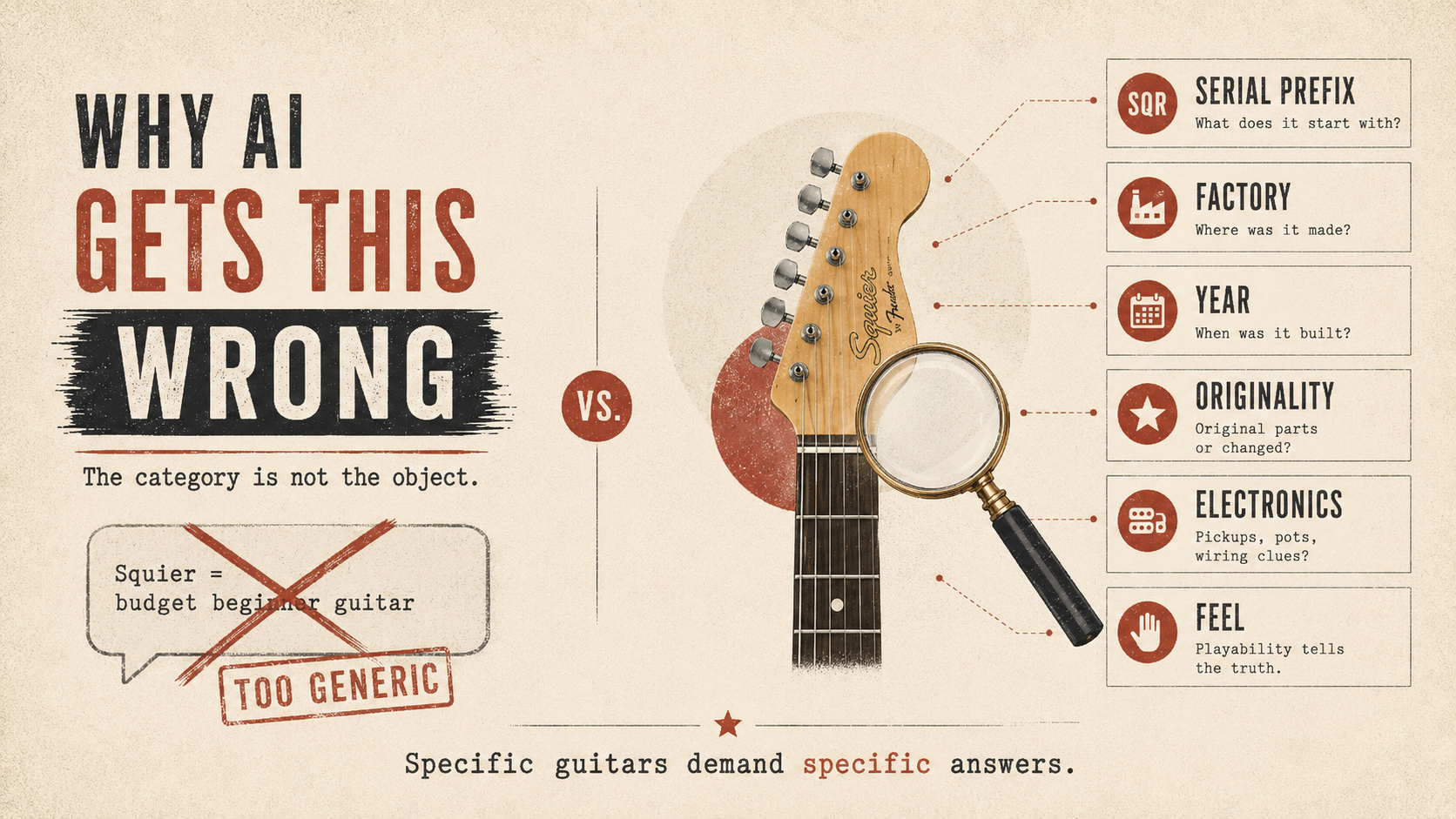 Why AI gets this wrong illustration comparing a generic answer with guitar-specific evidence.