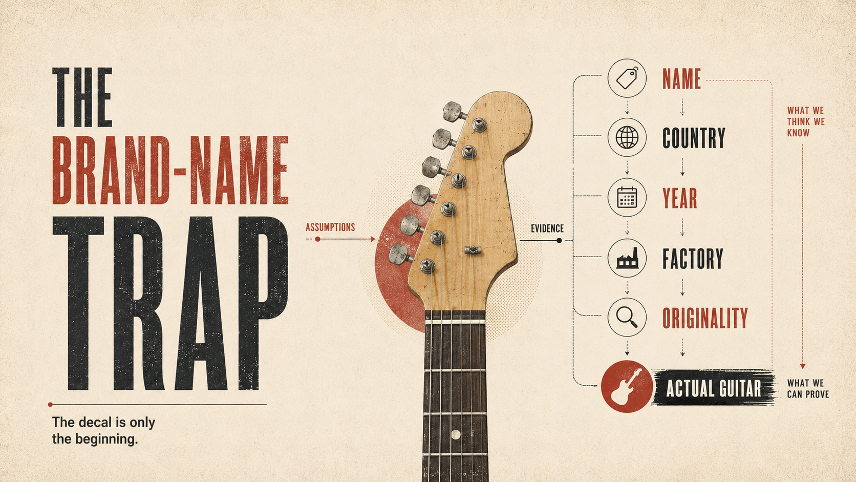 The Brand-Name Trap editorial illustration showing how a guitar’s name leads to deeper evidence.